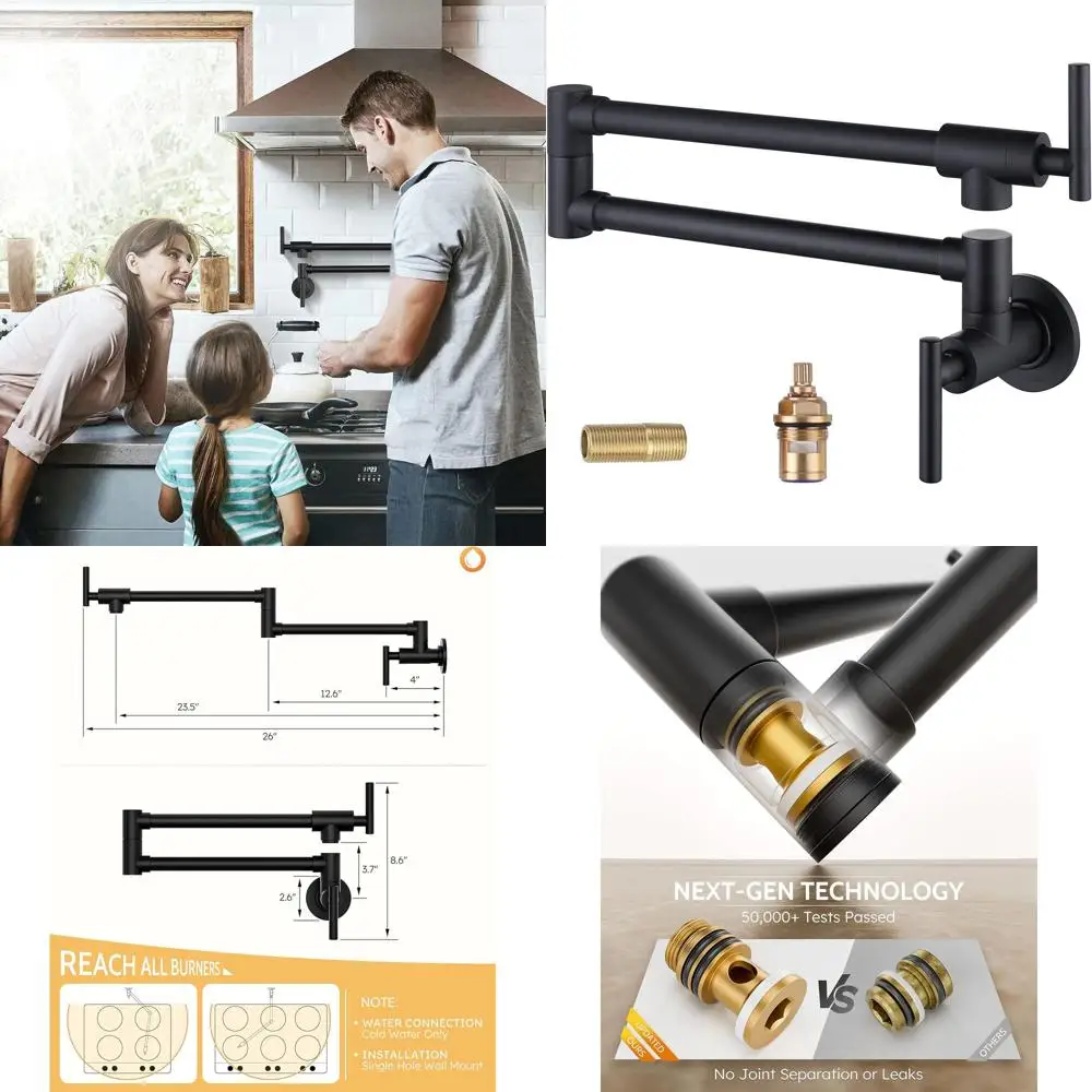 

Матовый черный настенный латунный смеситель для наполнения кастрюли с двойными поворотными рычагами для кухонной плиты