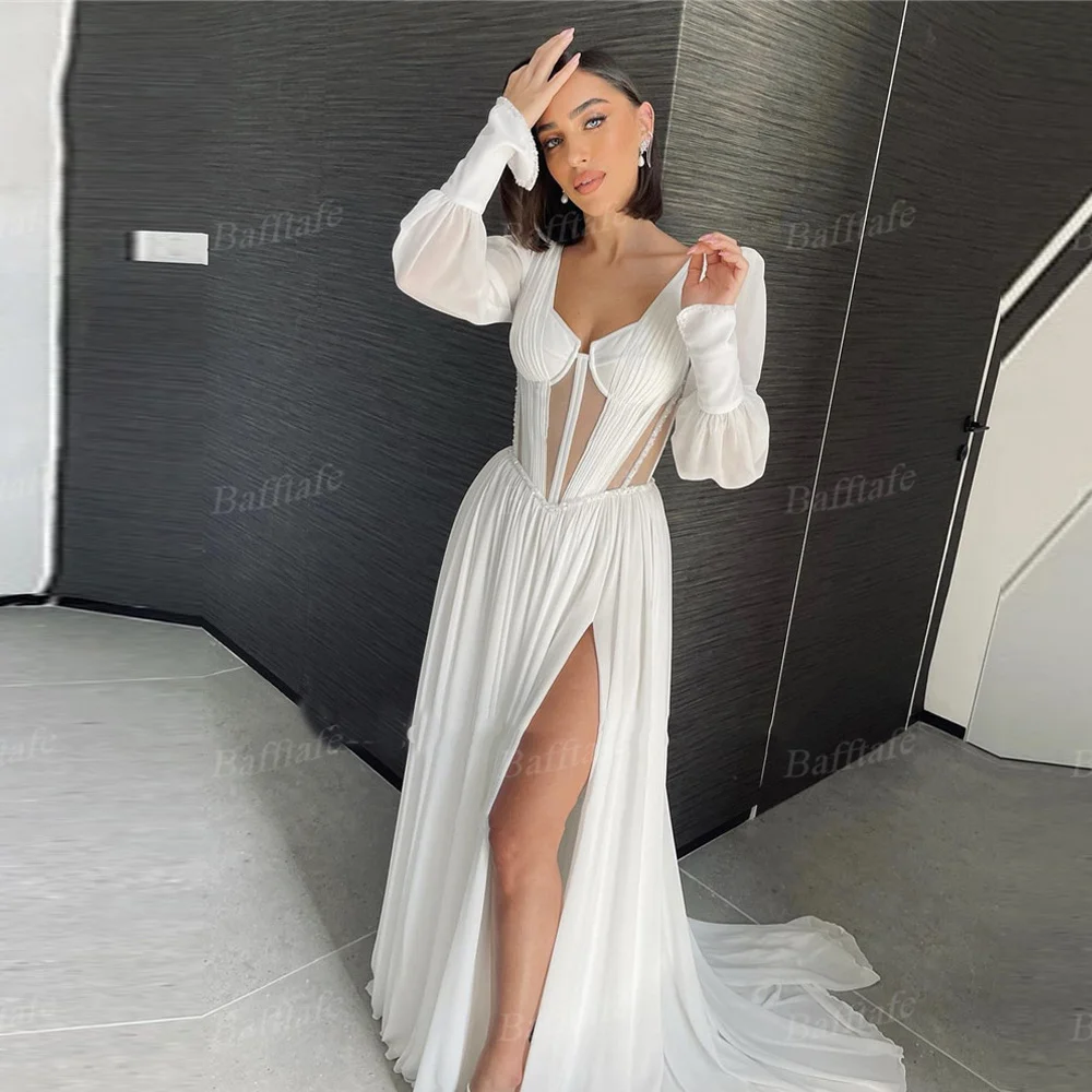 Baftafe Eenvoudige Zijden Chiffon Strand Trouwjurken Puff Lange Mouwen Split Arabische Bruidsjurken Doorzien Botten Robe De Mariage