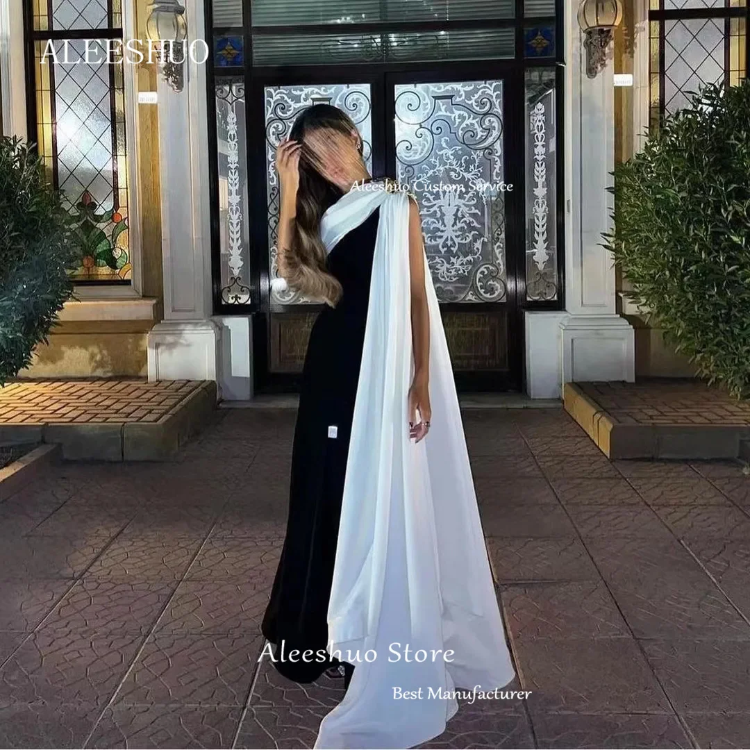 Modern Black and White Prom Dresses Long Cape Sleeve Maid of Honor Formal Party Evening Gown Zipper Back Saudi Arabic Customized