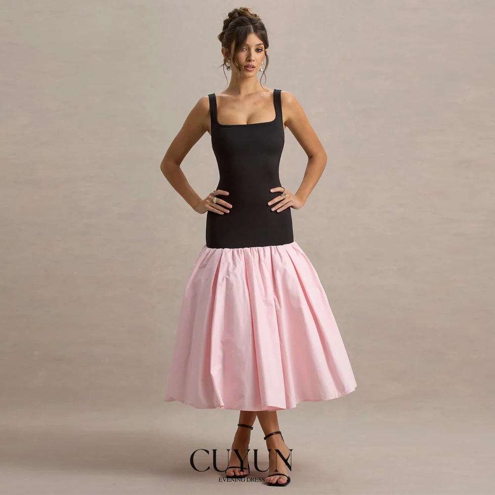 

CUYUN 2025 Black and Pink Midi Dresses Square Collar Sleeveless Prom Dresses Customized Simple Backless Evening Dresses