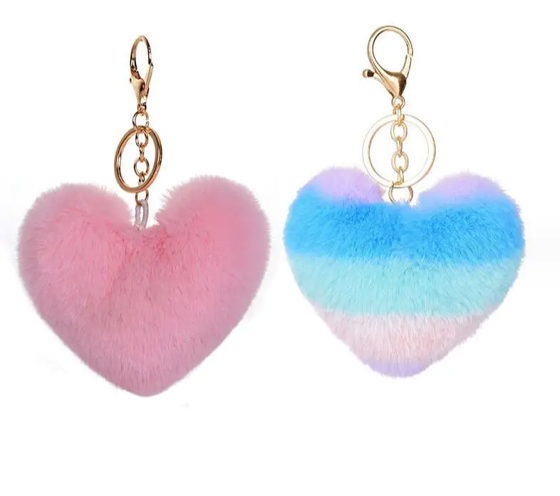 Imitation wool multicolor stitching love pendant color plush heart keychain rainbow heart-shaped bag car ornaments K2232