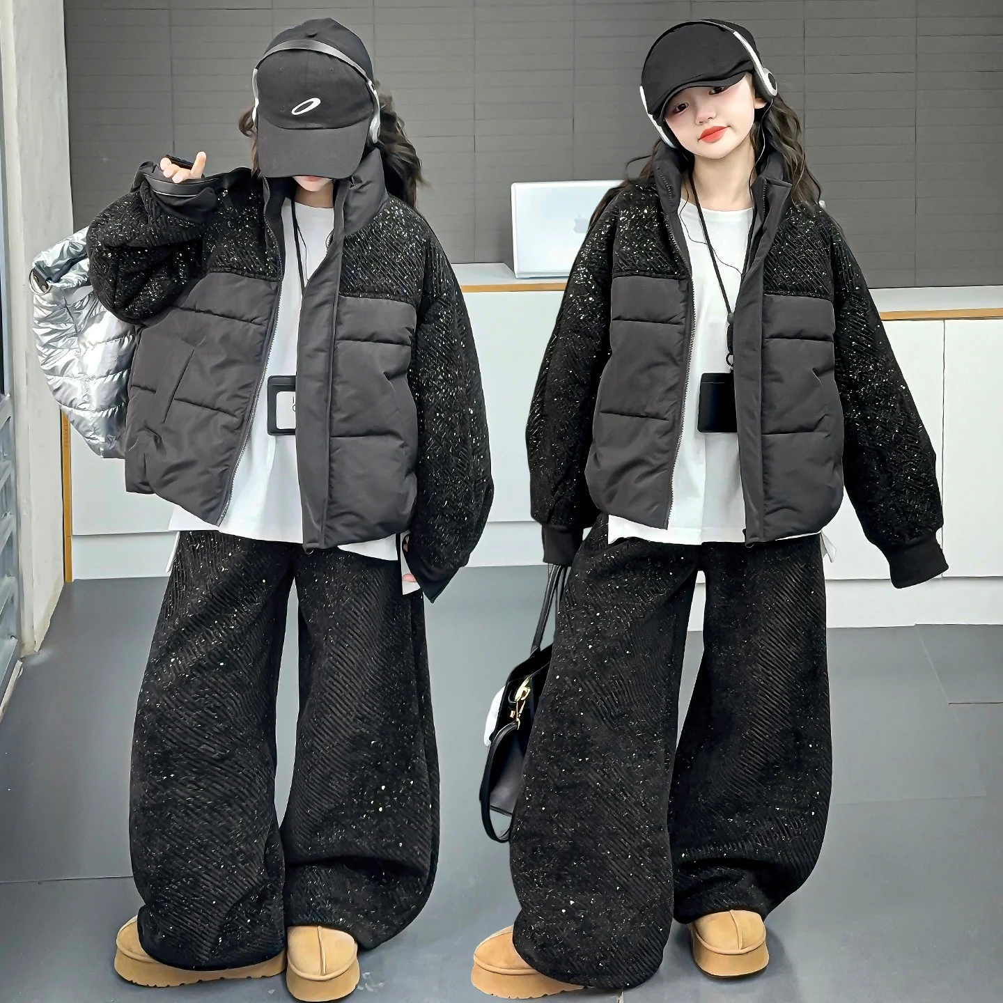 

Girl Thickened Cotton Clothes Coat+Pants Set Autumn Winter Cotton Jacket Tops Splicing Sequins Insulated Trousers All Black Suit