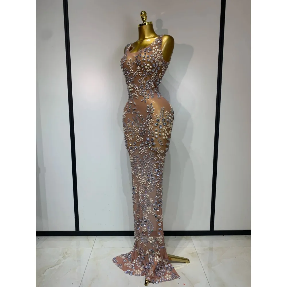 Women Lxury Rhinestones Mesh See Through Long Dress Evening Party Singer Dancer Stage Performance Costume