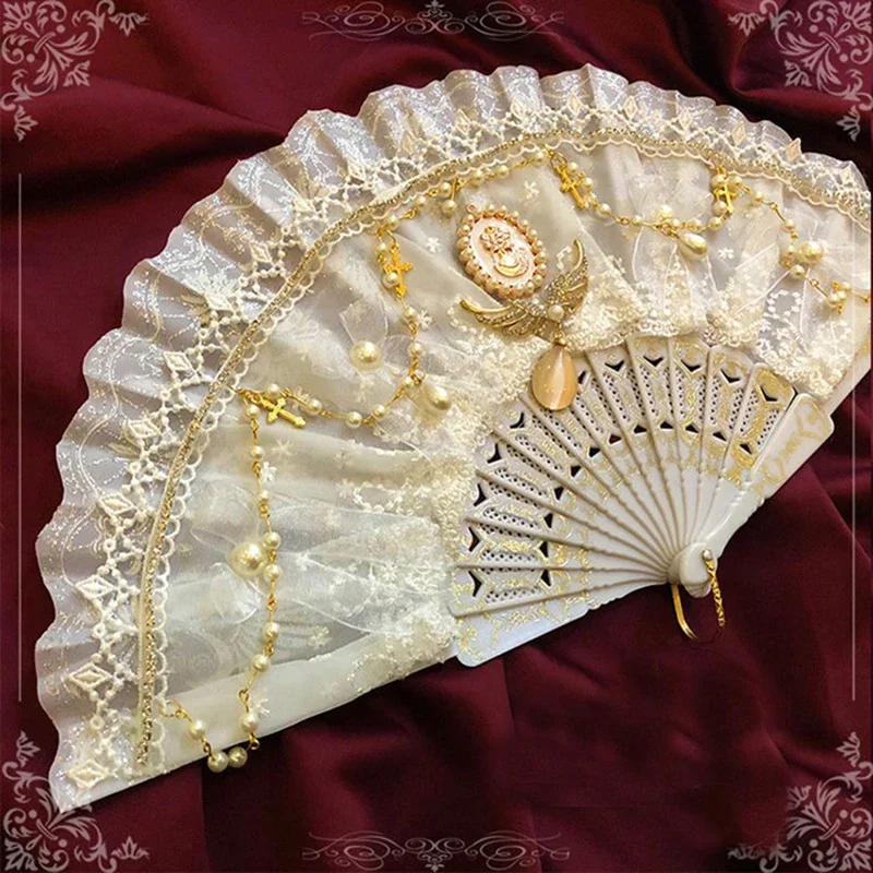 

Lolita KC Hand Fan Sweet Girl Lace Bowknot Pearl Rose Flower Feather Folding Hand Fan Wedding Bride Party Decoration Gift