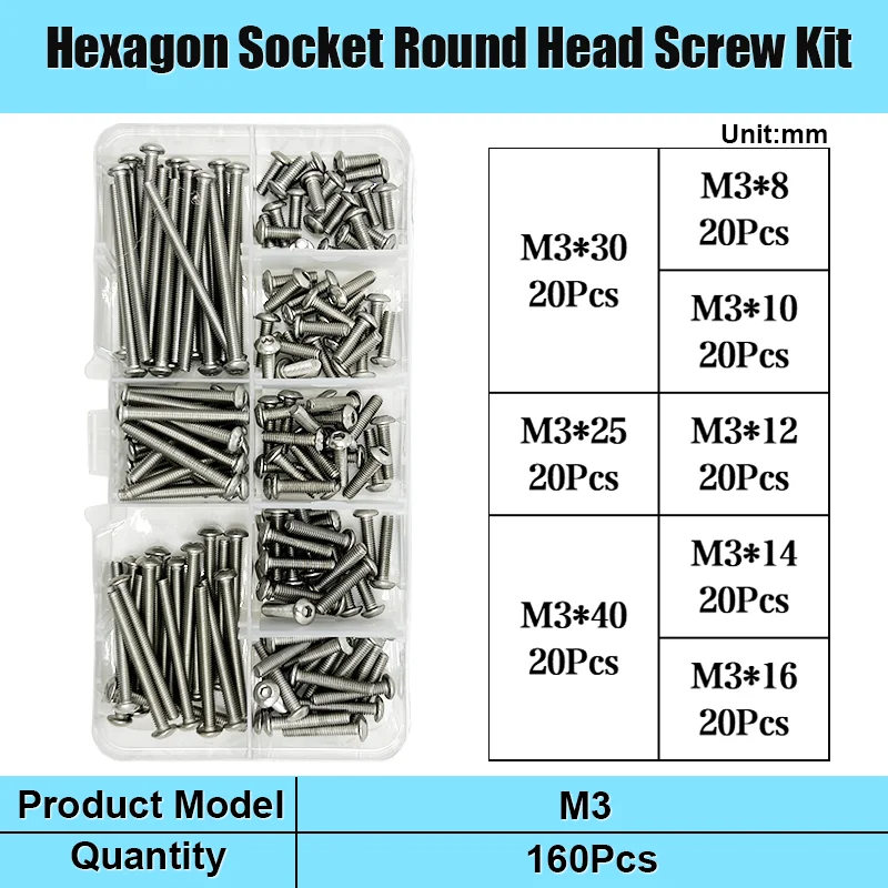 M2 M2,5 M3 M4 M5 M6 M8 M10 Innensechskantschraube A2-70 304 Edelstahl Sechskant Knopfkappe Kopf Metrisches Maschinenschrauben-Sortimentsset – Detail 16