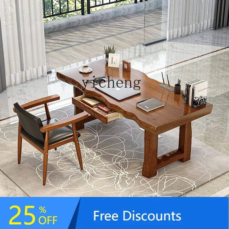 all solid wood large board book desk and chair combination office desktop computer desk log home