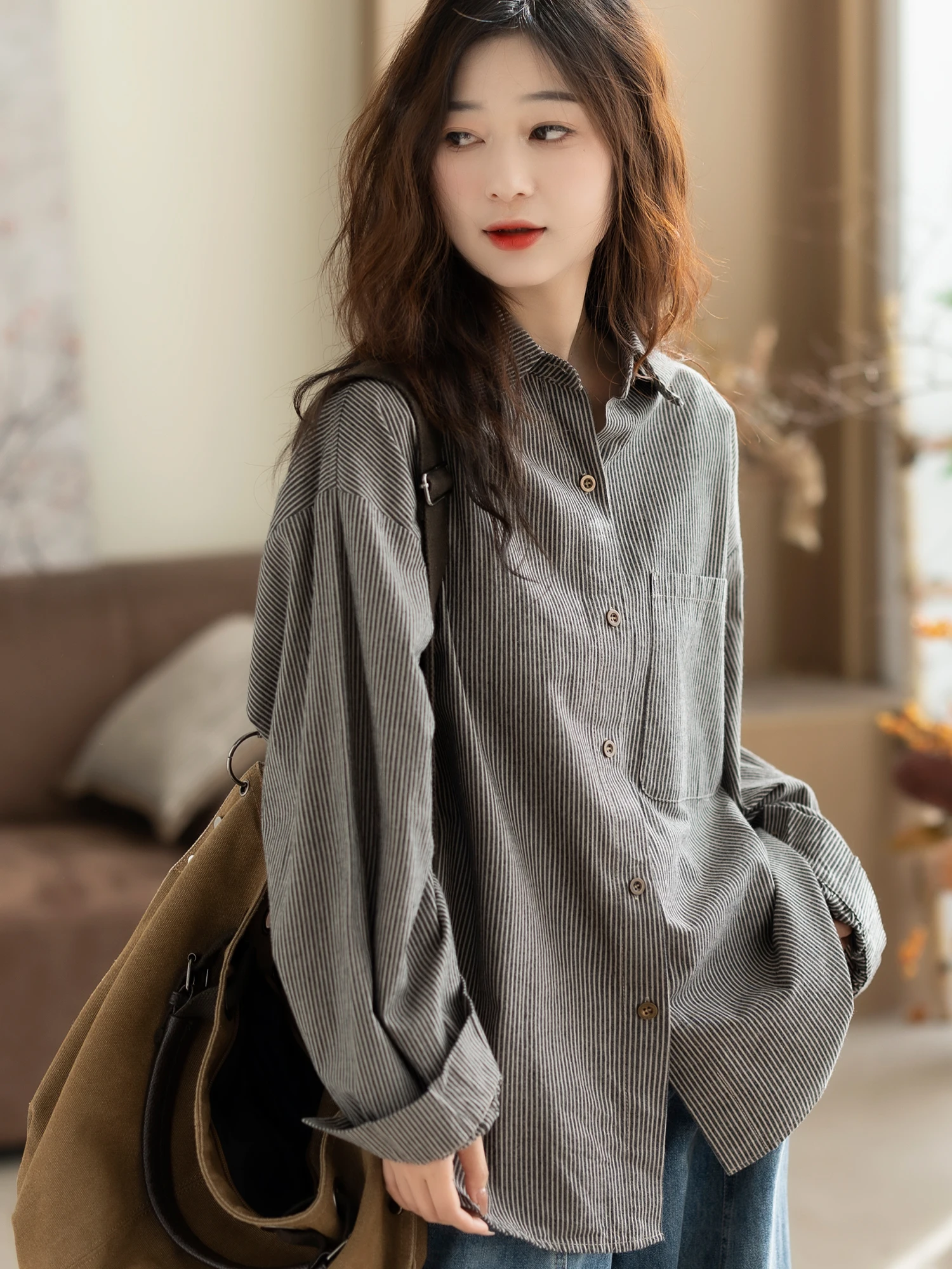 

Cotton Striped Loose Women's irt Casual Sle Spring Autumn New Artistic Ladies Faion Upper Wear Open Cardigan