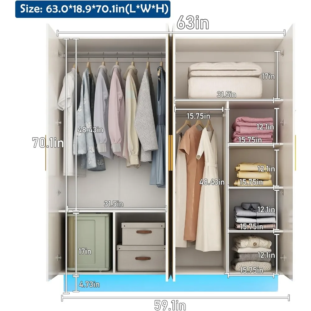 70in LED 4 Doors Armoires Wardrobe Closet&Cabinet with Metal Hanging Rod, Freestanding Bedroom White Tall Armoires with RGB LED