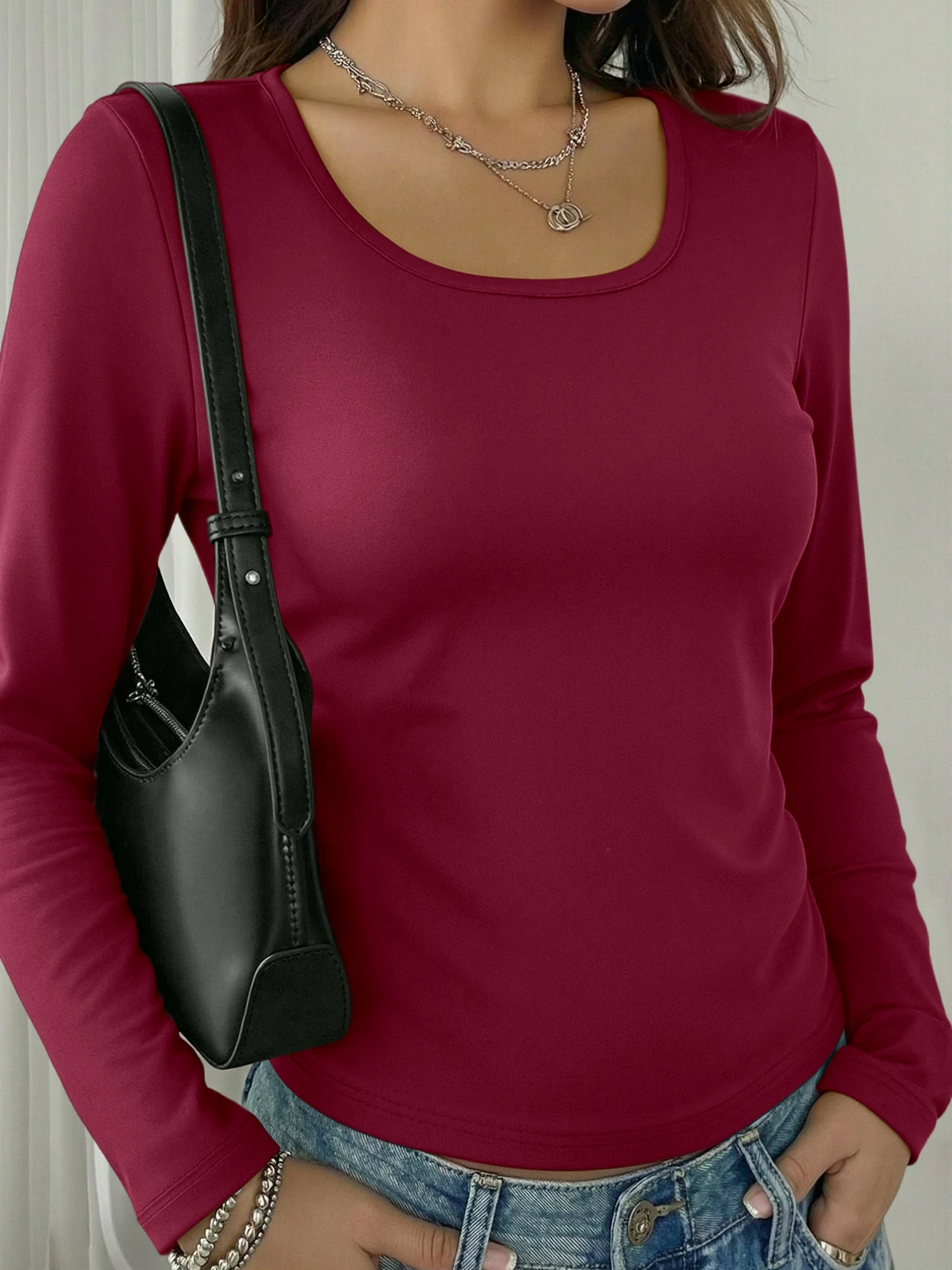 Minimalist Street Solid U Neck Long Sleeve Bodycon Shirts Ladies Figure Flattering Stretchy Daily Wear Tees