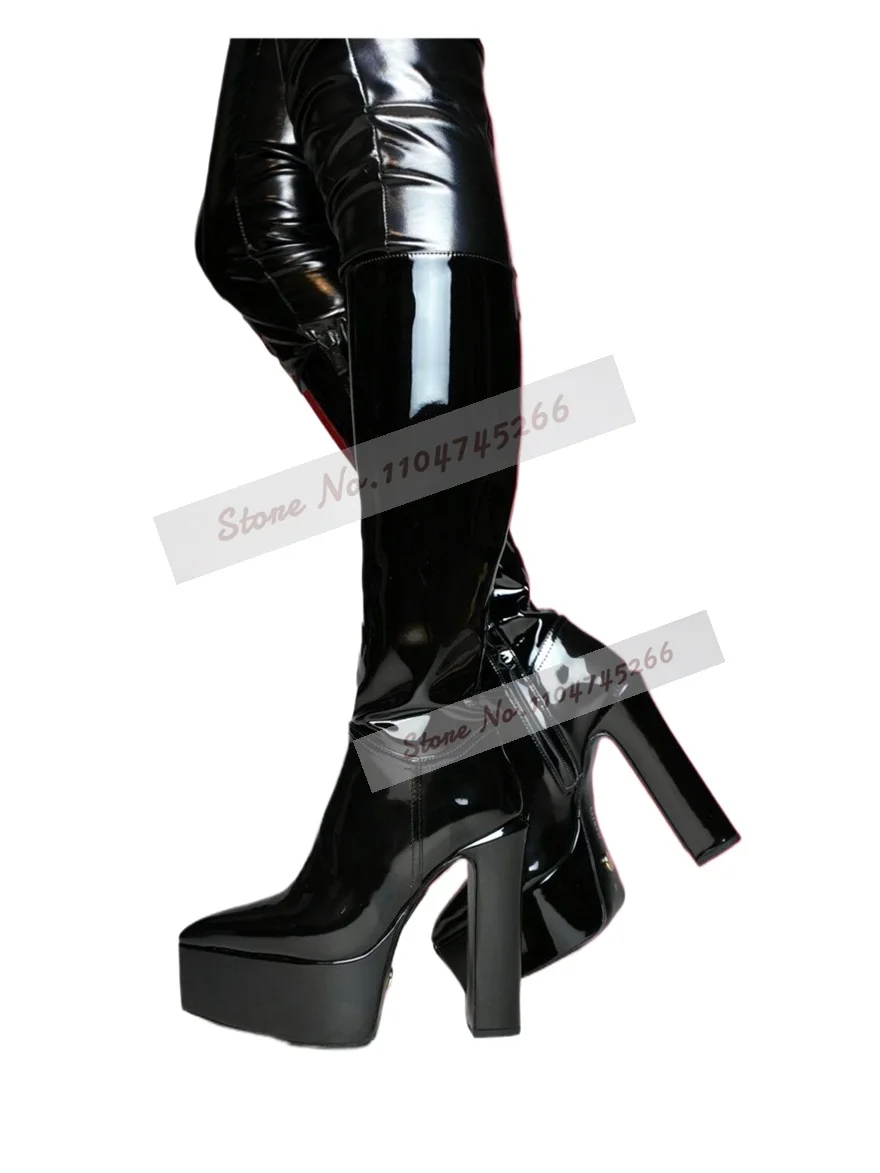 أسود مصقول صندل بكعب مكتنز منصة حذاء برقبة للركبة أشار تو براءات الاختراع والجلود أحذية طويلة أنيقة كتلة الكعوب الخريف الشتاء الأحذية #4