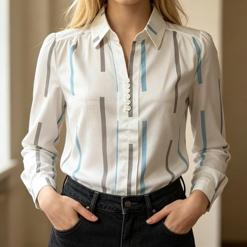 Classic Simple Long Sleeve Button Down Shirt Casual Vertical Striped Print Blouse Turn Down Collar Office Lady Work Wear Tops