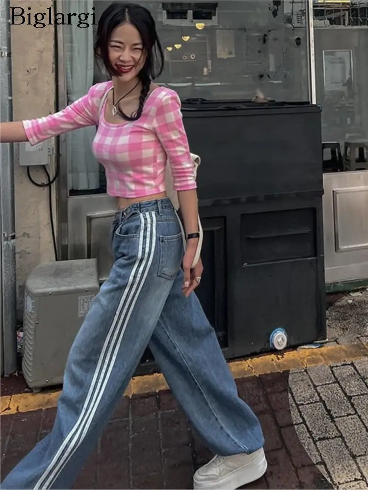 

Long Jeans Pants Women Blue Wide Leg Striped Casual Ladies Jeans Trousers Fashion High Waist Loose Woman Pants 2023