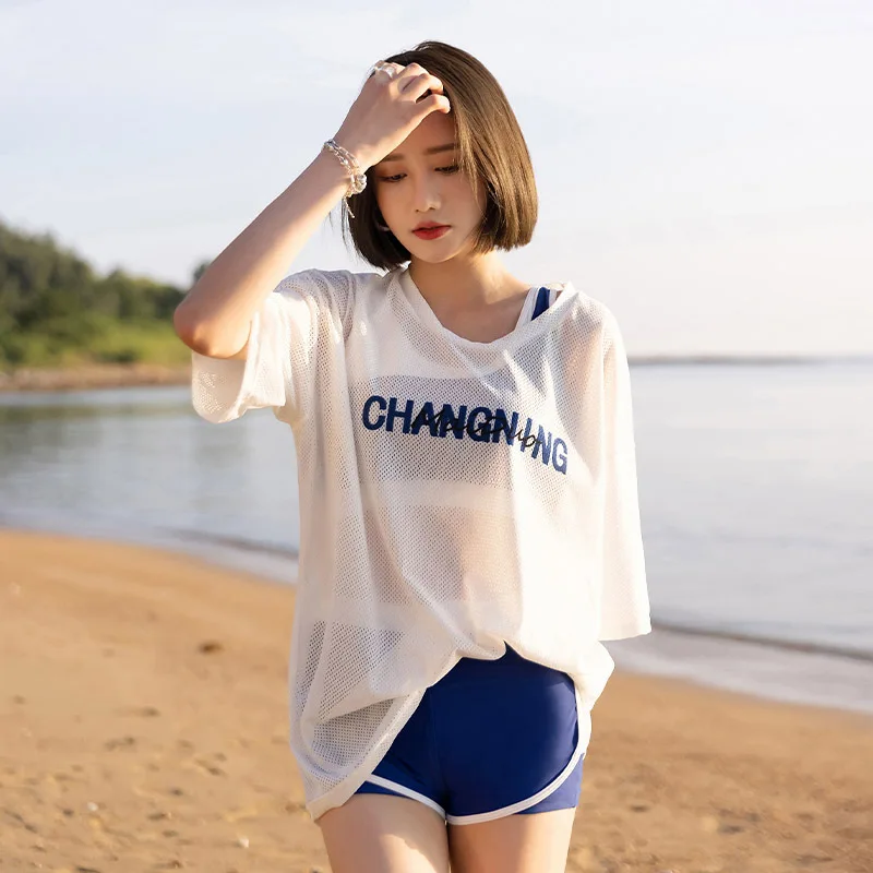 2023 Korea Style Women Three Pieces Swimsuit High Waist Bikini Set Conservative Thin Swimwear Sunscreen Summer Holiday Beachwear