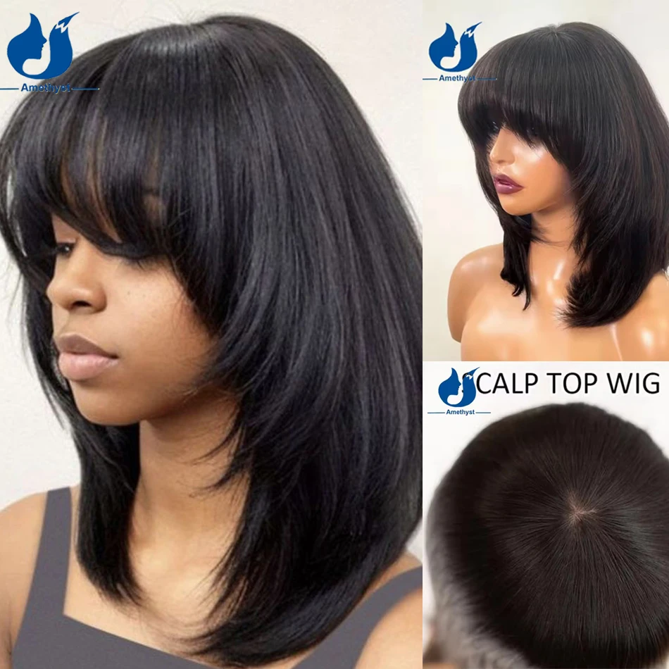 Amethyst Scalp Top Natural Black Bob with Bangs for Women 100% Human Hair Full Machine Made Wig Face Framing Layered Cut 8-16''