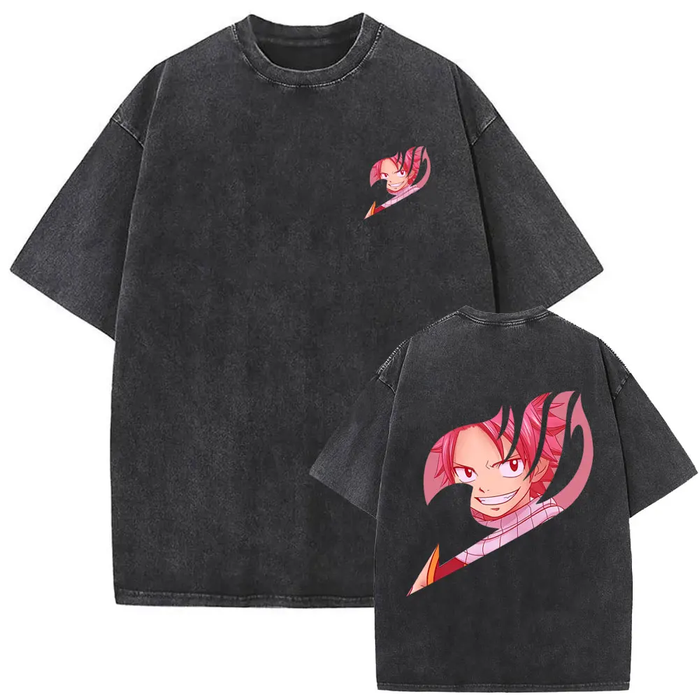 Washed Vintage Anime Anime Fairy Tail Logo Graphic T-shirt Manga T Shirts Male Casual Retro Cotton