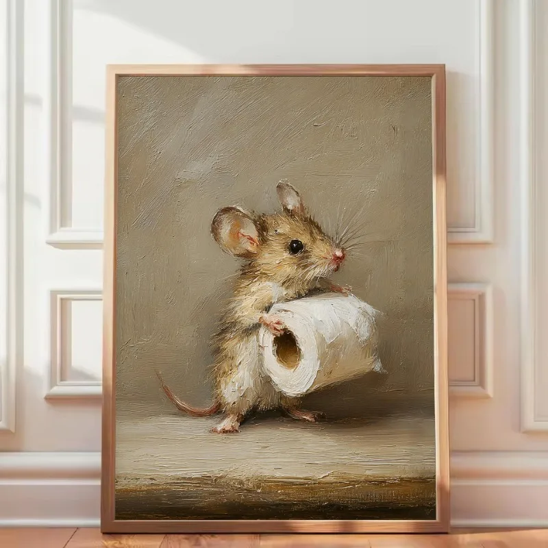 Witziges Badezimmer-Poster: Lustige Maus mit Toilettenpapier, Mittelalterlicher Ritter auf der Toilette, Leinwandbild, Wandkunst, Heimdekoration