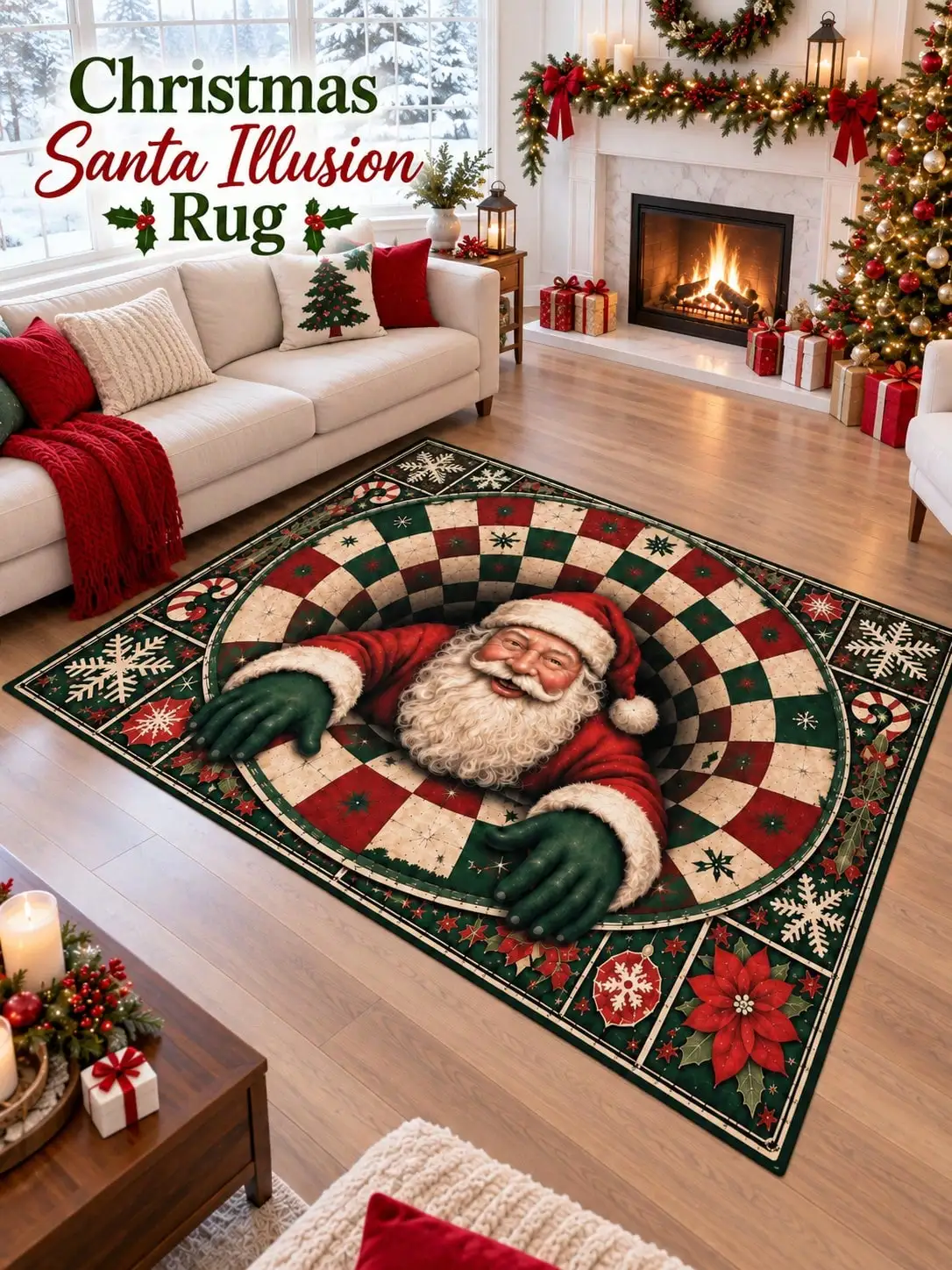 Christmas Rug Santa Checkerboard Tunnel Floor Decor Carpet Living Room Bedroom Dining Area Entryway Apartment Cottage Winter Home Styling Beside Sofa Coffee Table Housewarming Birthday Gift for Family Friends Sisters Neighbors Holiday Celebrations