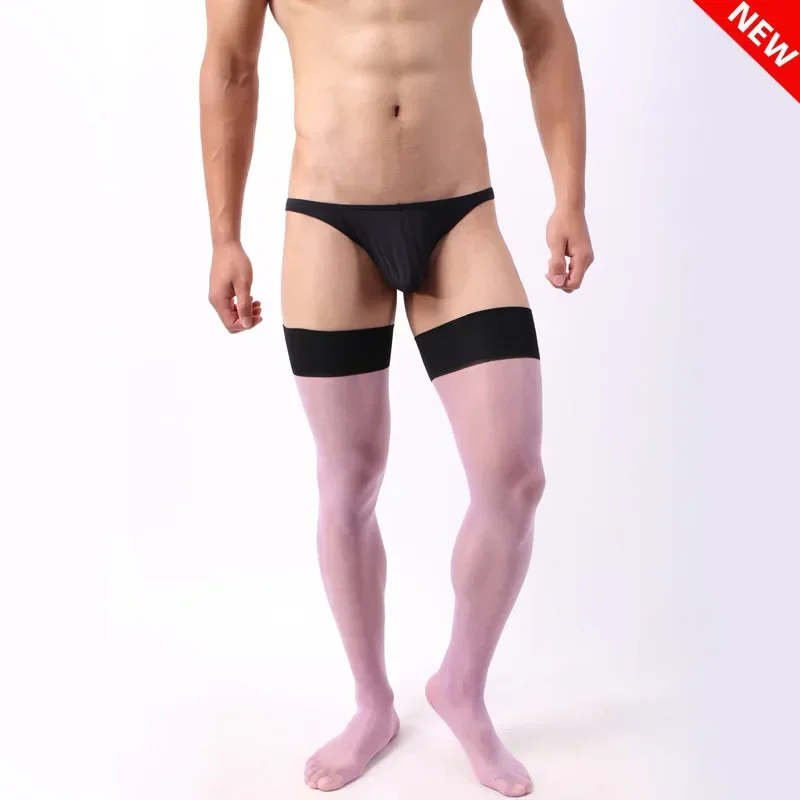 Sexy Over Knee Stockings for Men 30D Shiny Retro Spliced Hit Color Ultrathin Transparent Sheer Exotic Bar Sex Thigh Socks Gift