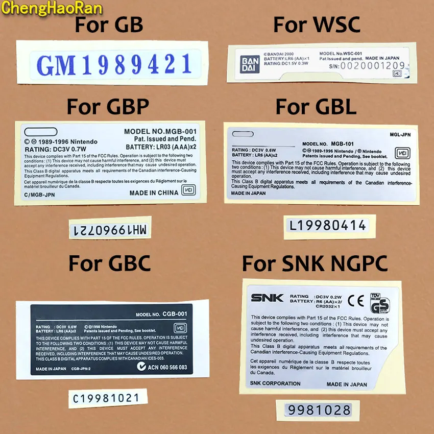 

ChengHaoRan For Gameboy GBC GBP GBL GB SNK NGPC WSC Game Console New Lables Shell Back Sticker Replacement