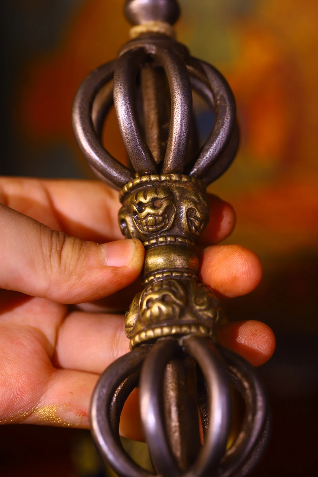 Temple Collection Old Tiantie Cinnabar Bronze Skul Head Nine Shares Vajra Phurpa Amulet Prayer flag Worship Hall