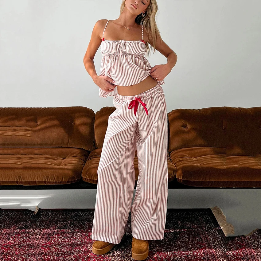 

Hiloc Home Stripe 2 Piece Pajamas Autumn Casual Wide Leg Pants With Spaghetti Strap Vest Women 2026 Spring Cute Sleepwear Lady