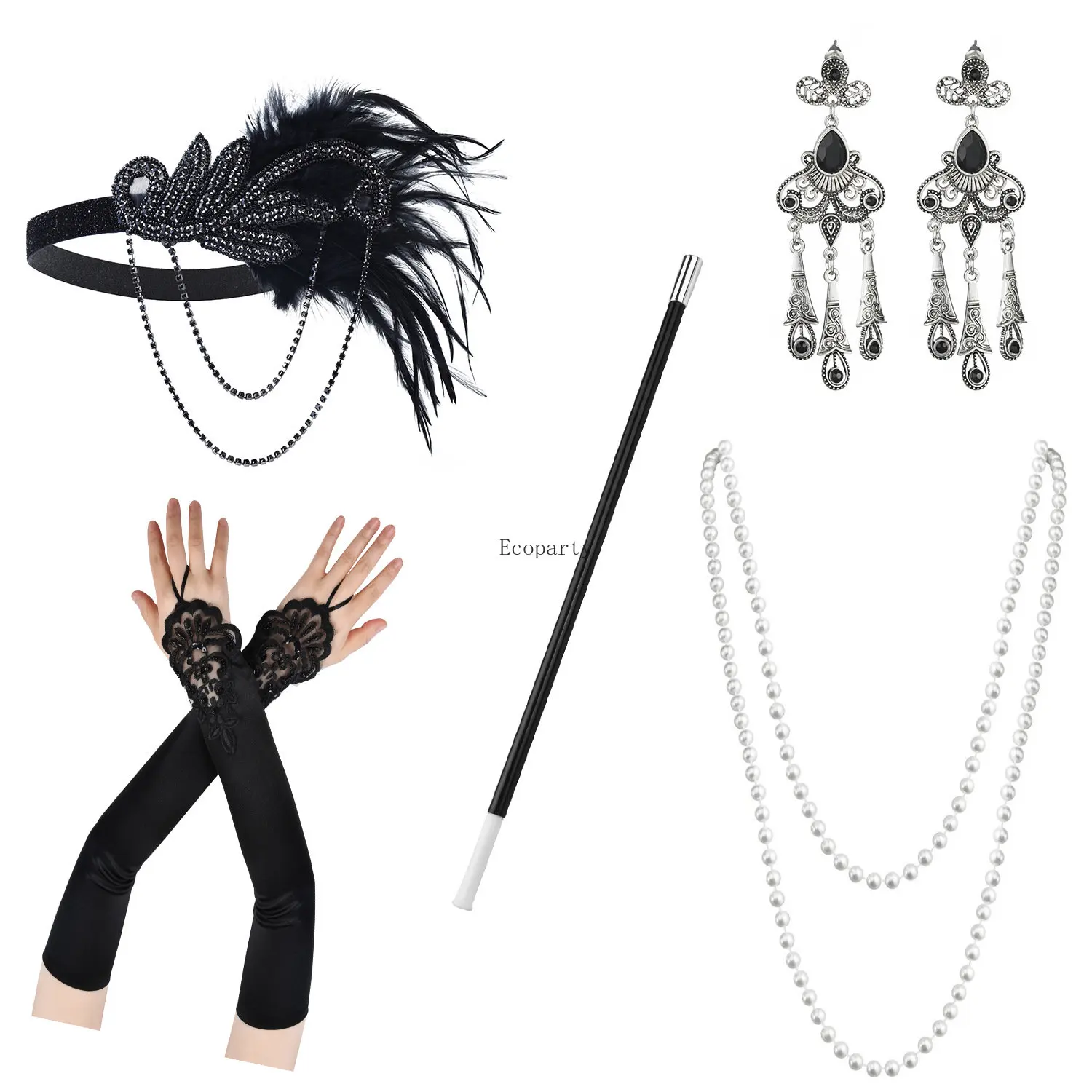 1920s GATSBY Flapper Costume Accessories Women Set Headband Earrings Pearl Necklace Cigarette Holder Gloves Hair Band