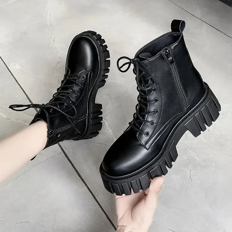 Chunky Platform White Ankle Boots Women Autumn Winter Pu Leather Combat Booties Mujer Punk Thick Bottom Motorcycle Boots