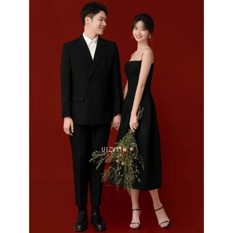 Estilo coreano vestidos de noite cetim simples de alta qualidade preto banquete temperamento estúdio temático fotografia luz vestidos de casamento