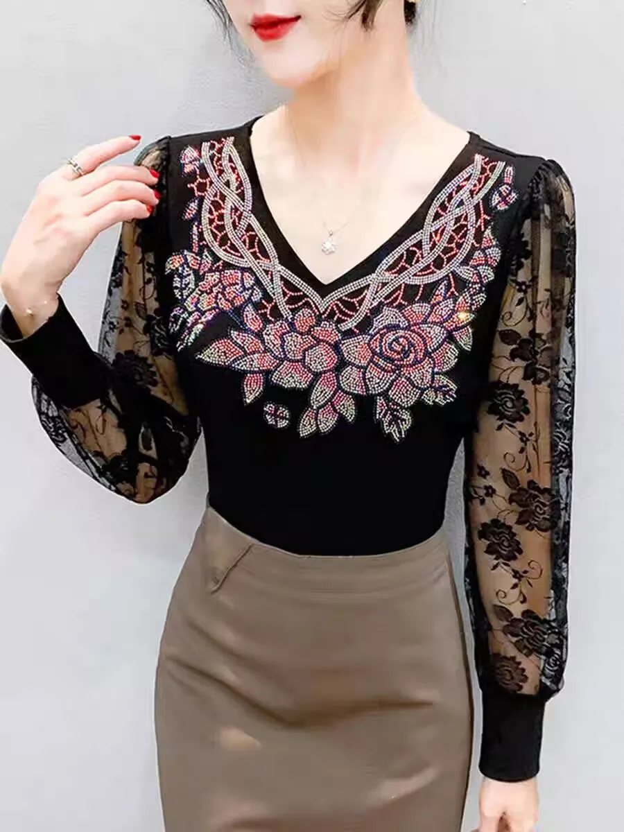 2025년 프렌치 스타일 다이아몬드 세트 프린트 플라워 티셔츠 가을 겨울 여성 우아한 레이스 아트 여성용 코튼 통기성