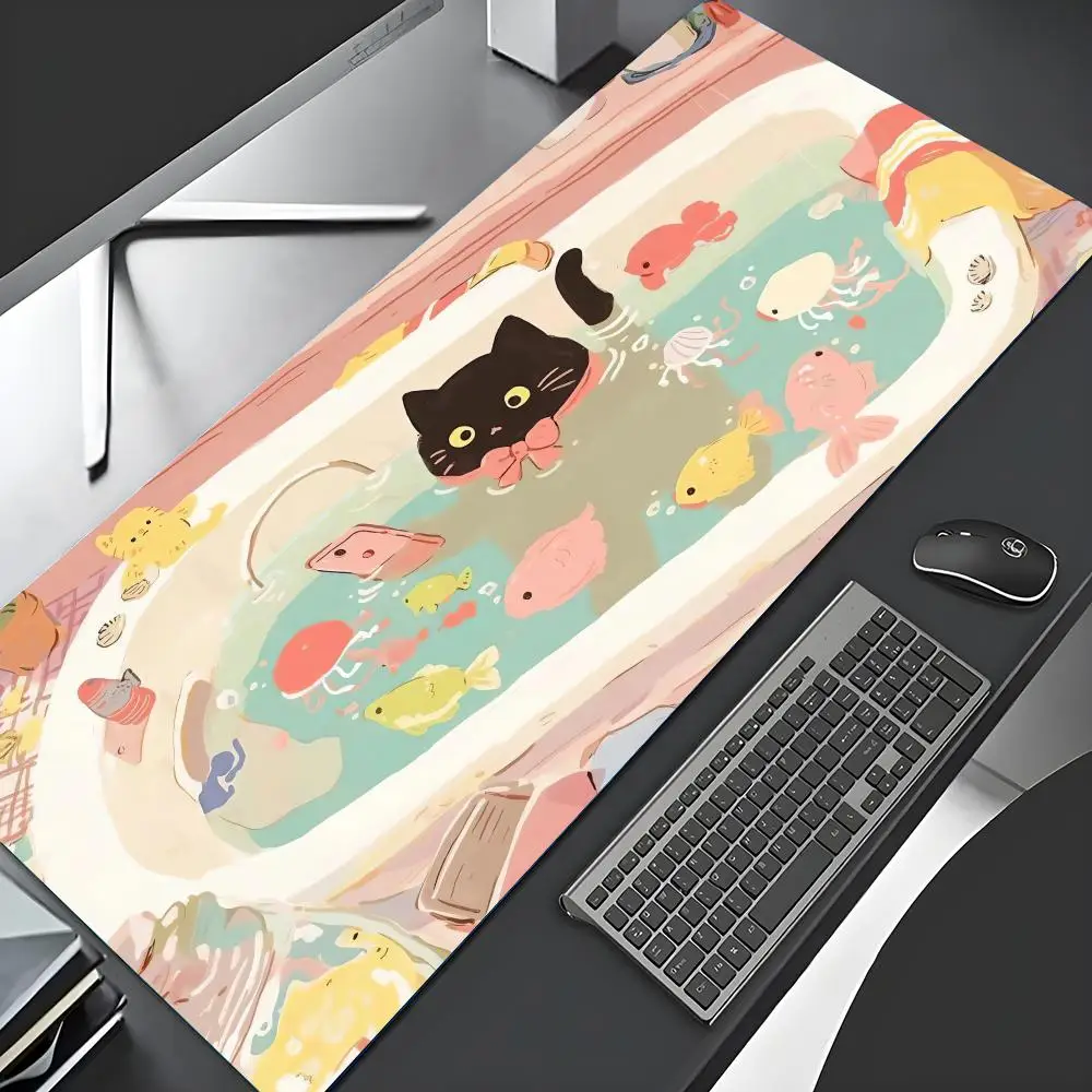 

Kawaii Cartoon Cat Theme Mouse Pad Large Computer Office Game Mat Rubber Anti-slip Stitched Edge Keyboard Mats Long Desk Pads