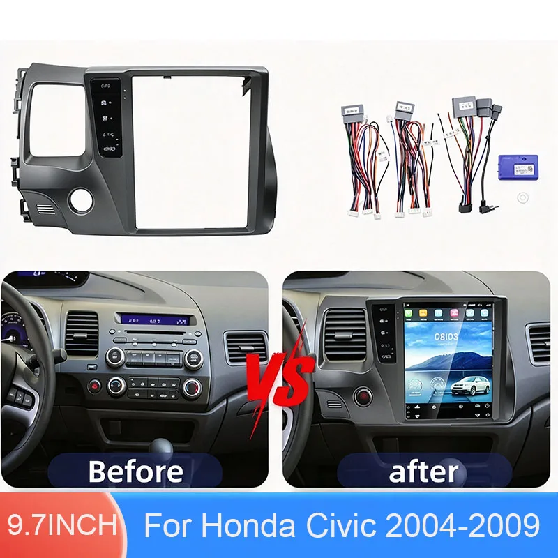 For Honda Civic 2004-2009 9.7 Inch Car Radio Fascia Frame with AC Buttons Wiring Harness CANBUS Decoder Dashboard Panel Kit