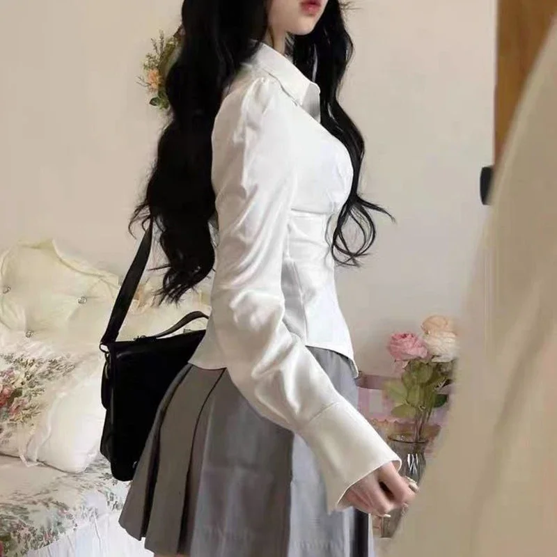 Gidyq Sexy White Women Shirts Korean Fashion Folds Slim Fit Long Sleeve Tops Harajuku Casual Elegant Female All Match Shirts