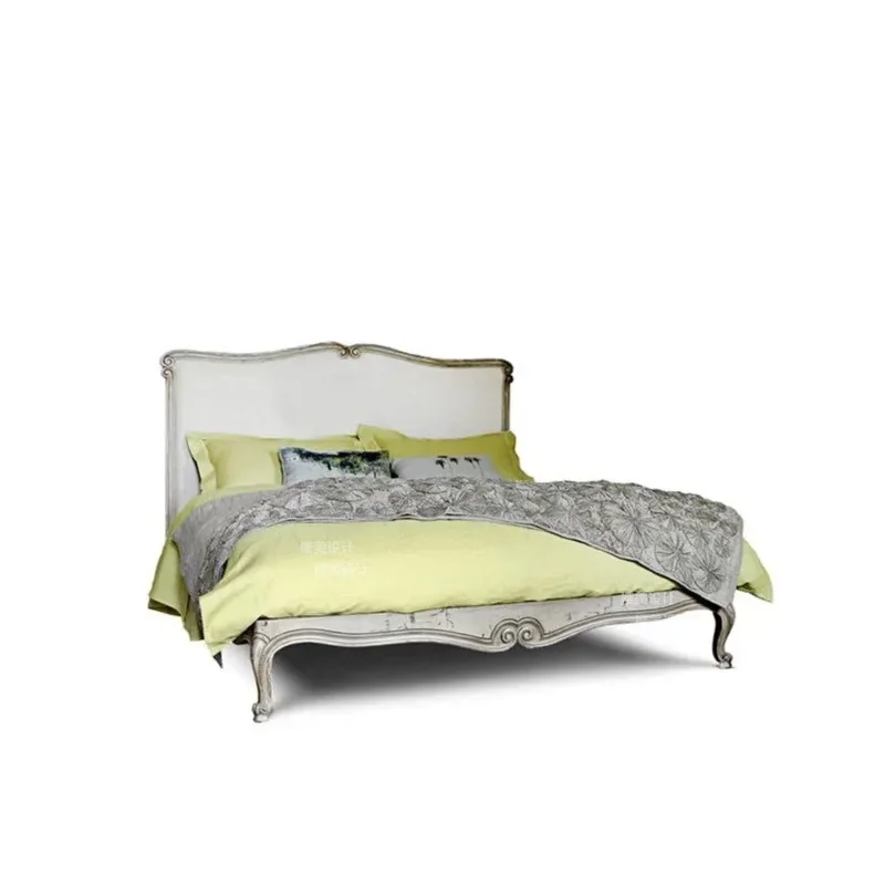 French retro solid wood bed, American linen soft carved double bed