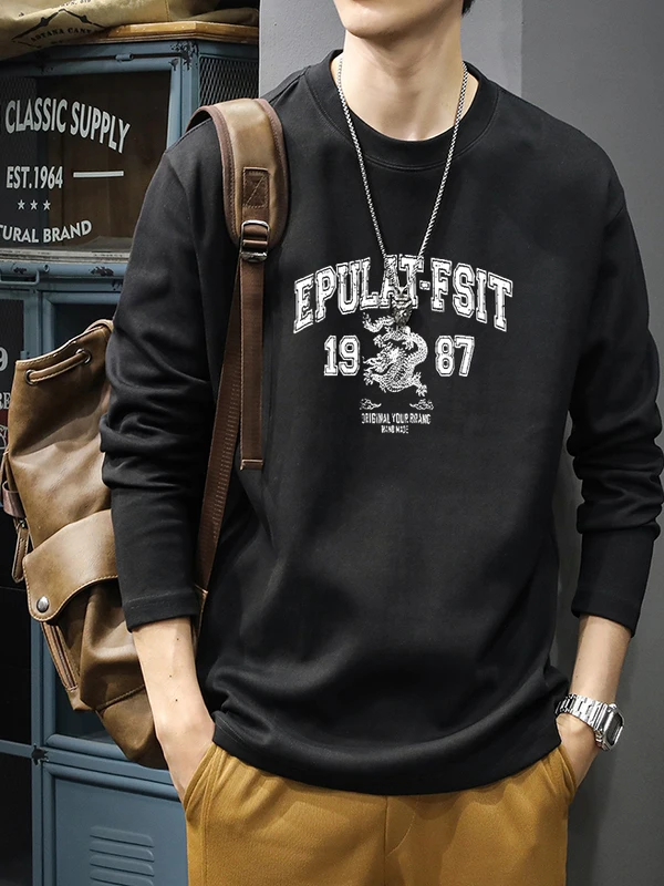 

Autumn New plus Size 300 Pou High End Pure Cotton Long Sve Men's T-irt Trendy Dragon Print Loose Versatile Base irt