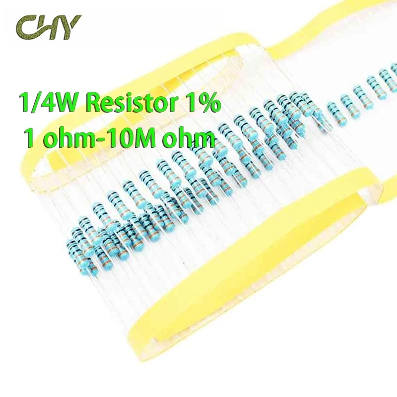 100pcs 1/4W 1R~22M 1% Metal film resistor 100R 220R 1K 1.5K 2.2K 4.7K 10K 22K 47K 100K 100 220 1K5 2K2 4K7 ohm resistance