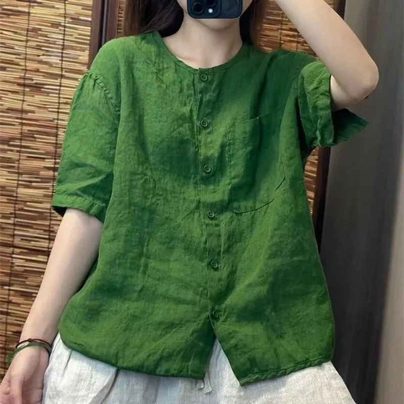 Women's Shirt 2025 Spring Summer Cotton and Linen Round Neck Retro Ladies Blouse Solid Age Reduction Lady Cardigan T-shirt