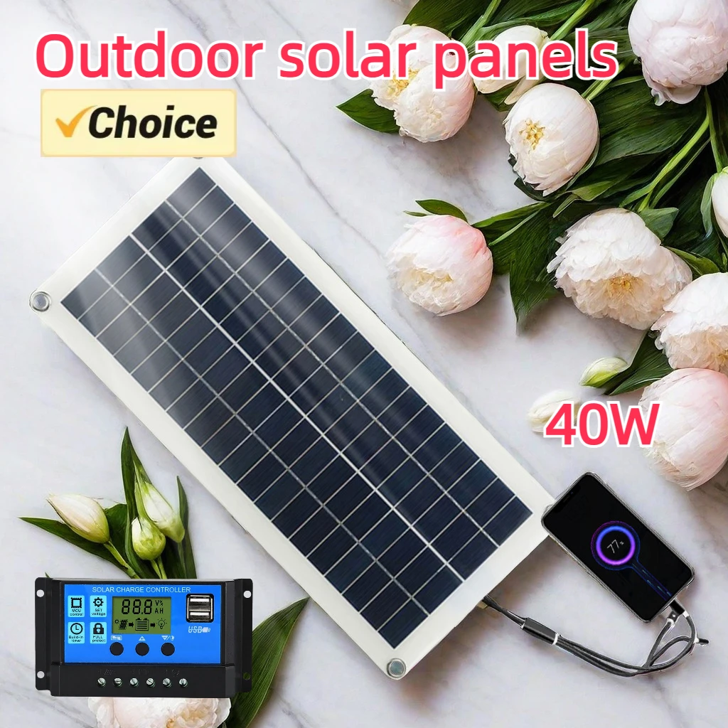 12V Outdoor Flexible Solar Panel 40W Photovoltaic Power Charger with Dual USB Ports Suitable for Mobile Phones Cars Yachts