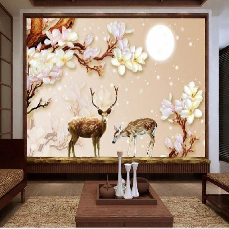 

Simple new Chinese-style orchid moonlight deer TV luxurious home bedroom background wall paper