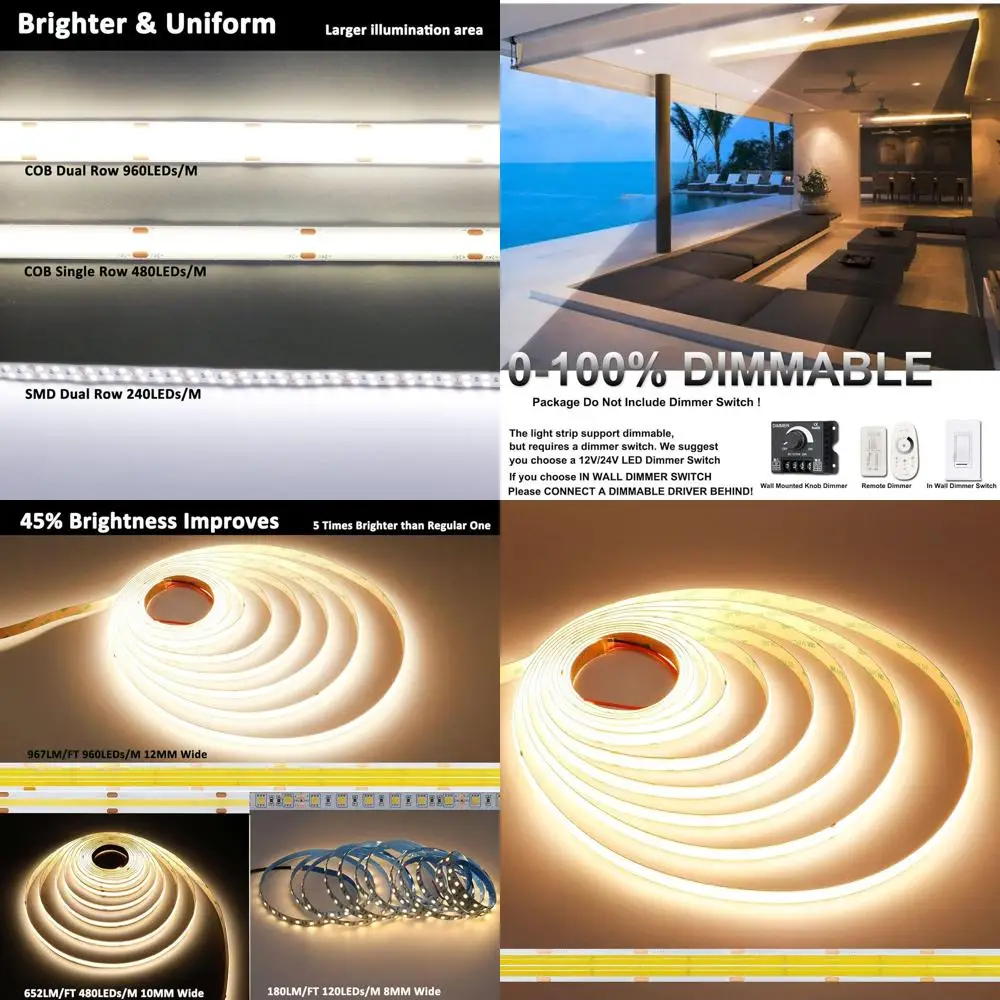 

Светодиодная лента COB 24 В, теплый белый, 3000 К, двухрядная, 16,4 фута, 920 люмен/фута, CRI 95+, внесен в список UL, 7,6 Вт/фута, 960 светодиодов/м, высокая плотность, 12 м