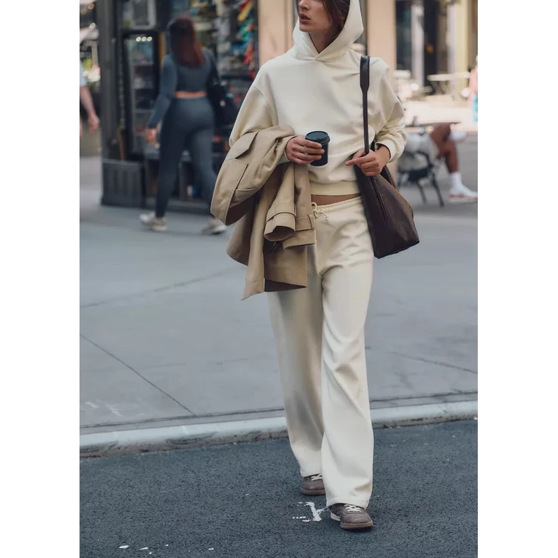 Dames fluwelen casual broek met wijde pijpen 3996334 Lange Sve-sweatshirt met capuchon 3996333 Comfortabele vrijetijdsoutfit met ritssluiting