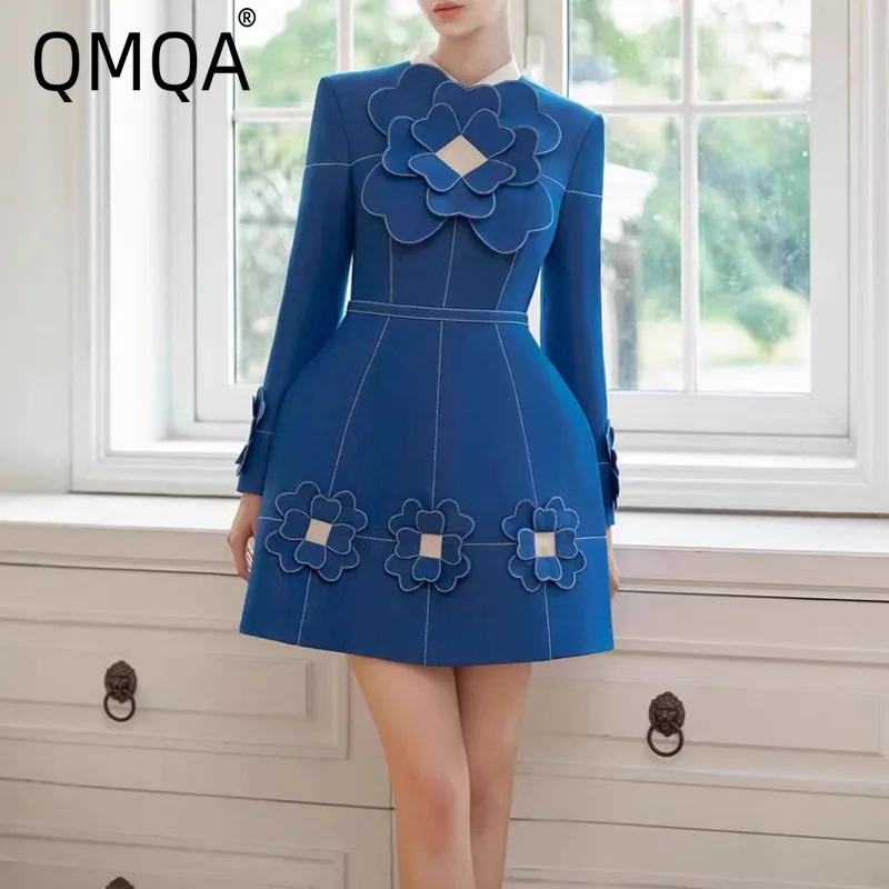 QMQA Fashion Women's Elegant A-line Dress Long Sleeve Splice Flower Design Sense Niche Blue Mini Dresses 2025 New Clothing QM379