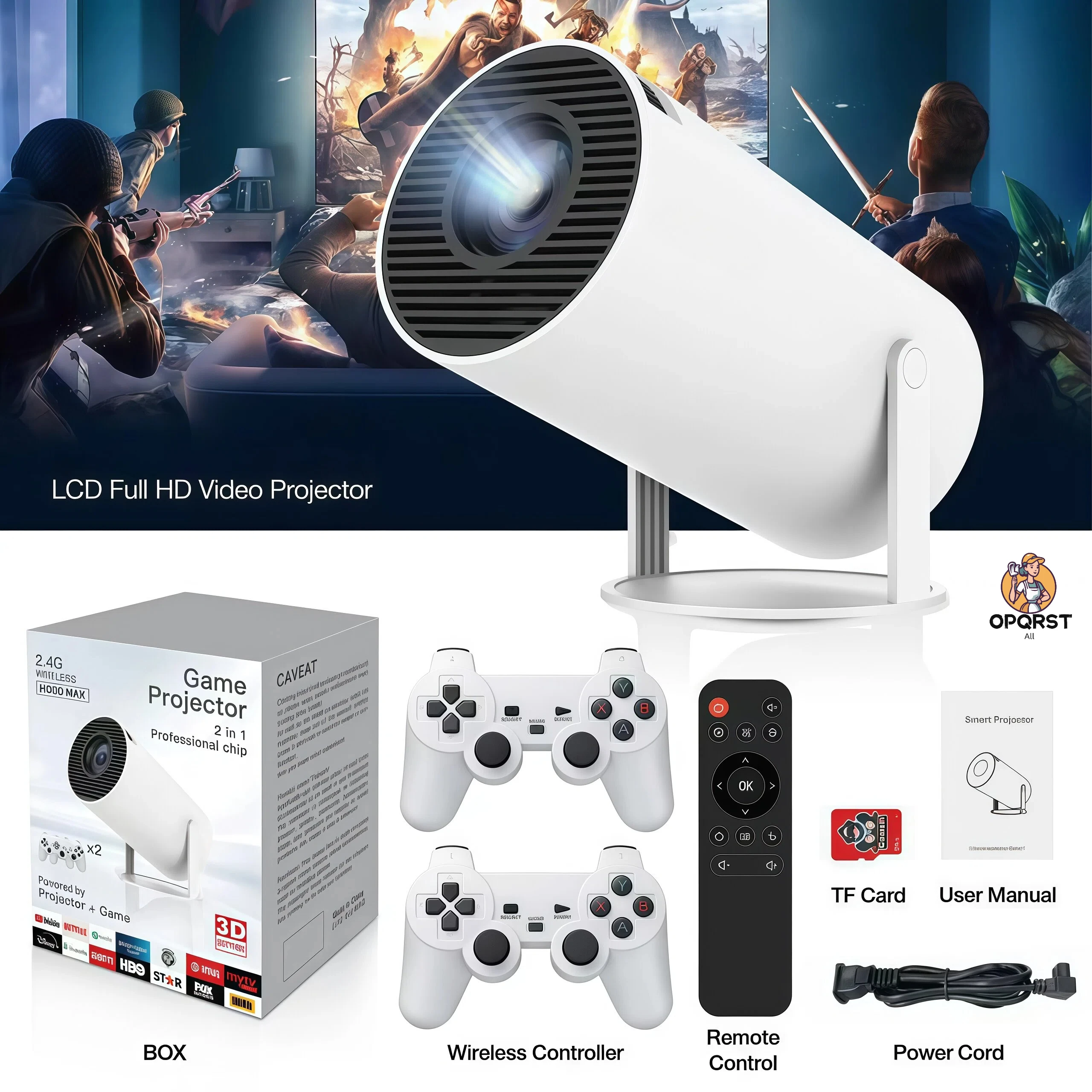 OPQRSTA -30000 + Juego retro - con proyector HD - 4K - Bluetooth WiFi - Video para TV - Android/iOS - Regalos de Navidad - Joystick dual