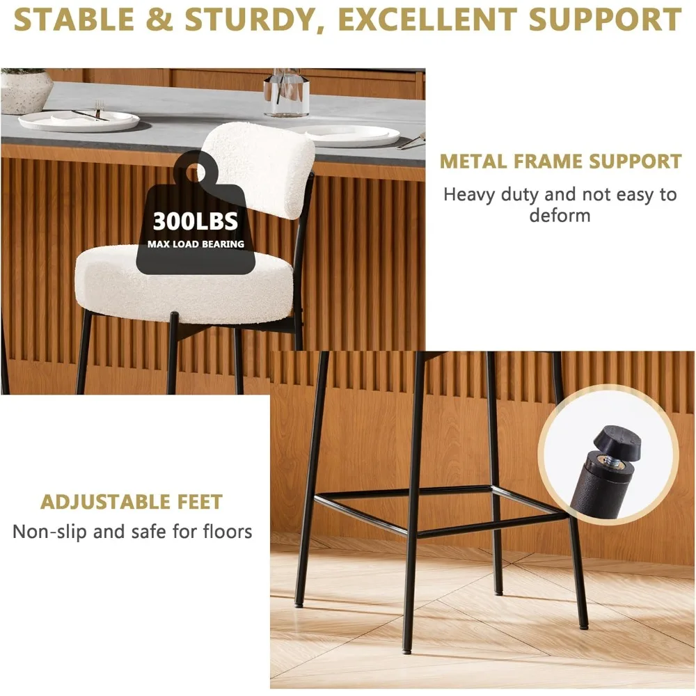 Sgabelli da bar Set di sgabelli da bar Boucle da 3,24 pollici Sgabello da bar ad altezza bancone con gambe in metallo con schienale curvo, sgabelli da bar moderni imbottiti