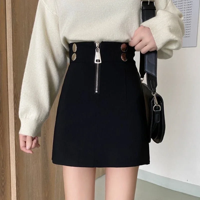 Frauen Kleidung Frühling Herbst Mode Koreanische Zipper Solide Farbe Hohe Taille A-linie Rock Weibliche Modische Erscheinen Dünne Dünne Rock