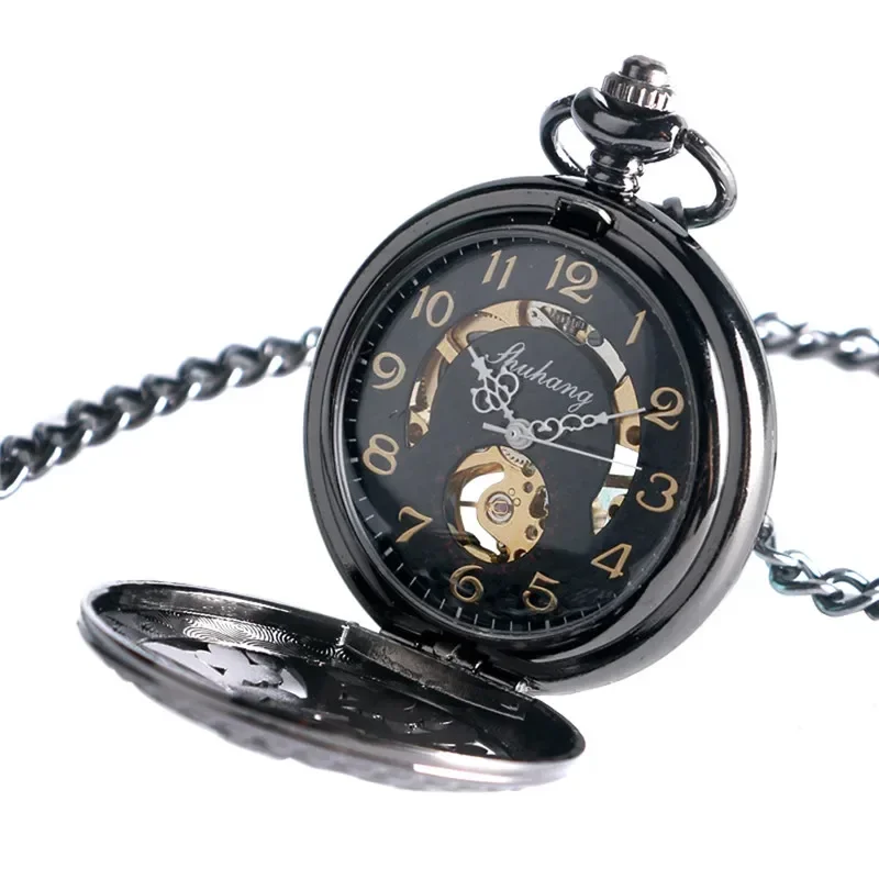 Steampunk Hollow Out Flower Case Men Women Skeleton Clock Handwind Mechanical Pocket Watch Arabic Number Dial Pendant Chain Gift