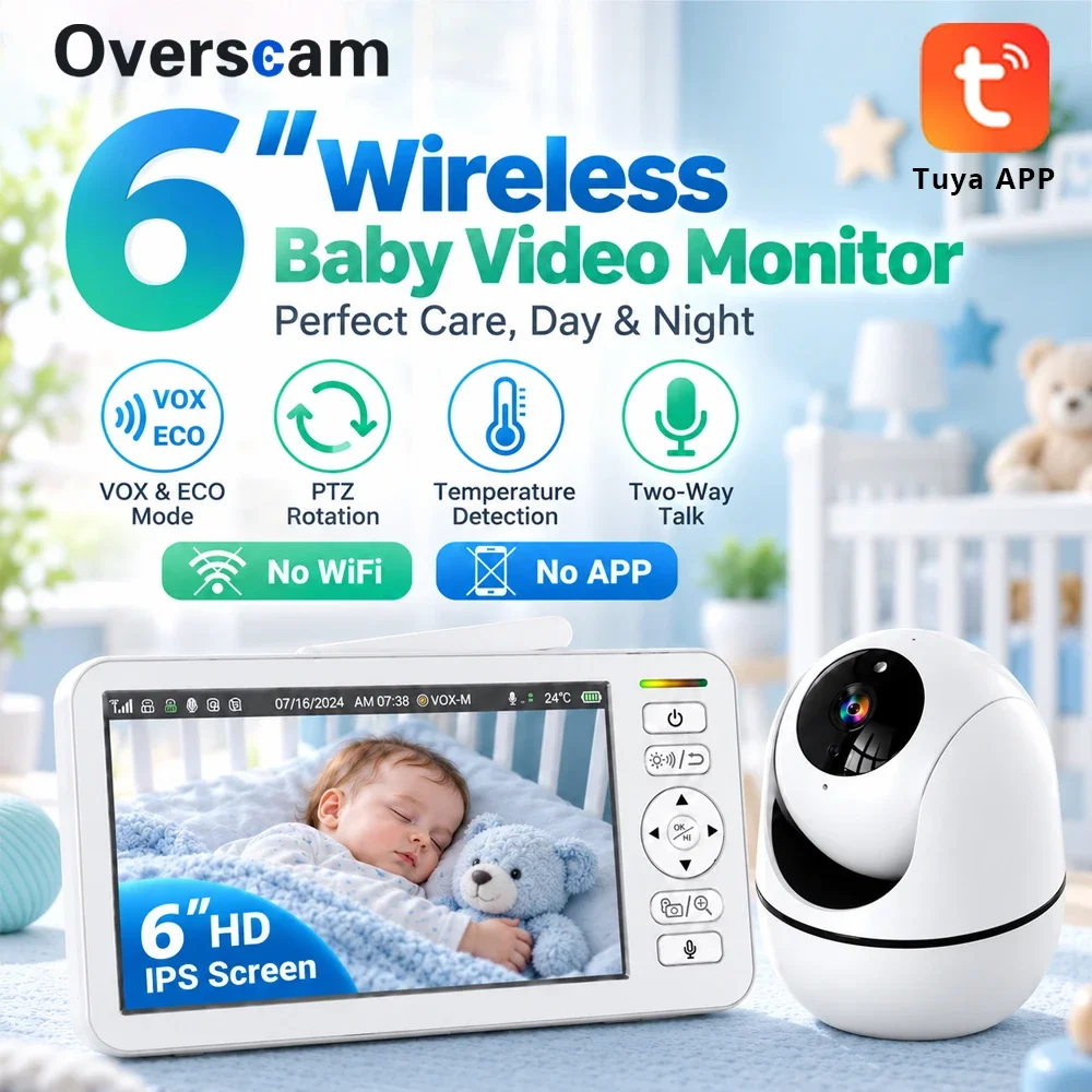 6 Inch Wireless Baby Monitor Camera IPS Screen PTZ Rotation VOX ECO Mode Temperature Detection Two Way Talk WiFi TUYA Phone App