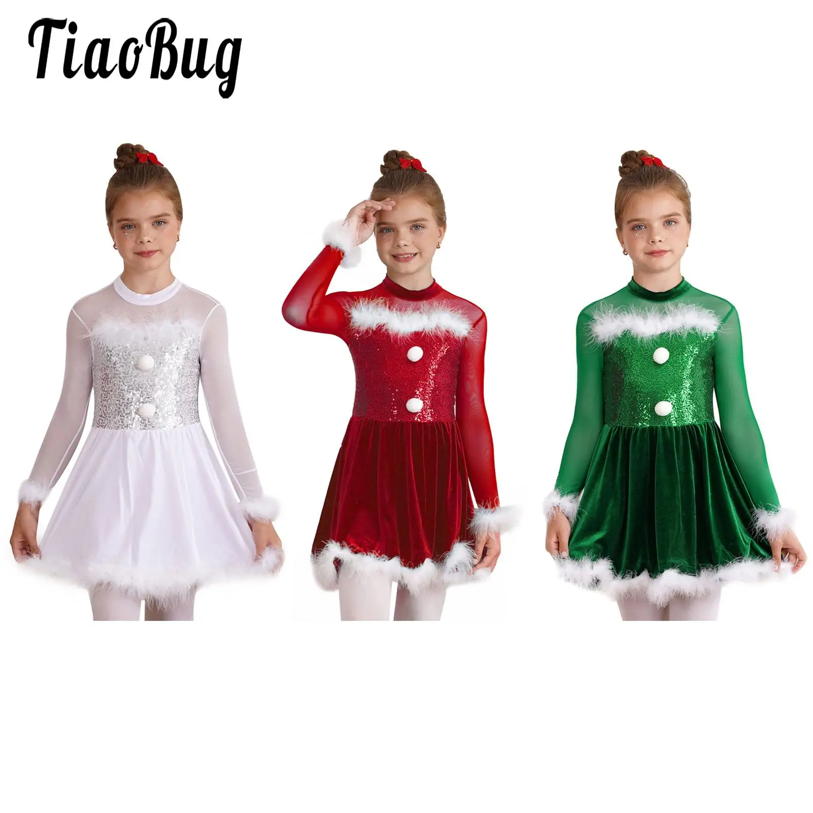 

Girls Christmas Santa Sequins Figure Ice Skating Dress Ballet Lyrical Dance Costume Mesh Long Sleeve Xmas Party Snowman Dresses