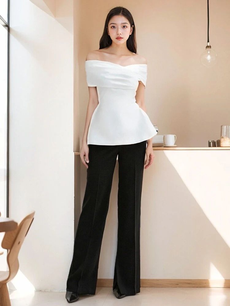 DEAT Womne's 2 Pcs Set Waist Cross Pleated Slash Neck Backless Solid Color Top Straight Leg Pants Suit Spring 2024 New 13DB5005