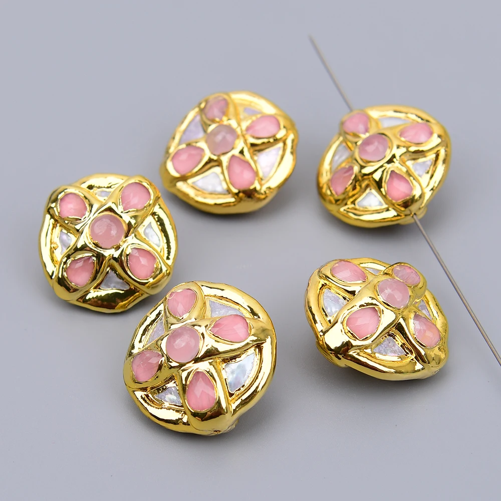 APDGG 5 Pcs 26x27mm Cultured White Pearl Pink Cat eye Paved Big Coin Spacer Loose Beads For Jewelry Making DIY