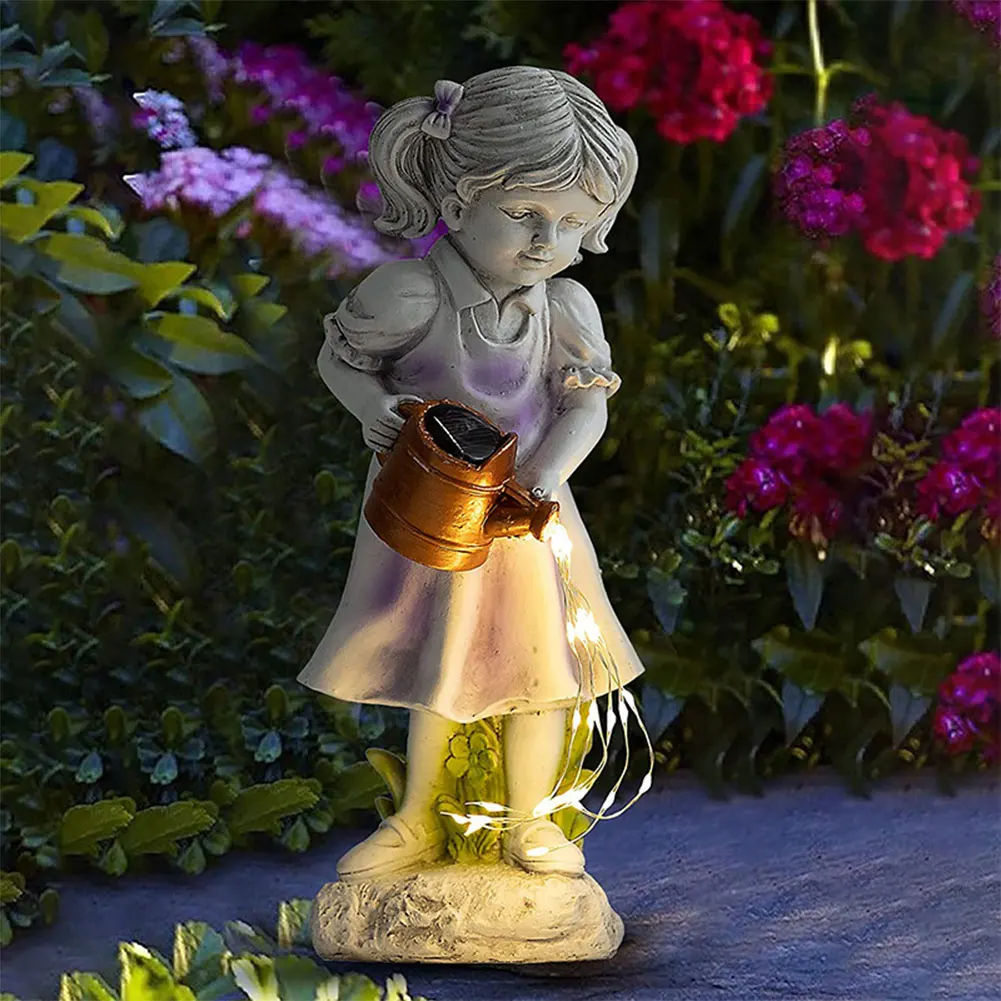 Solar Powered Girl Pot Night Light Waterproof Girl Watering Pot Sculpture Creative Funny Girl Ornament Courtyard Decoration